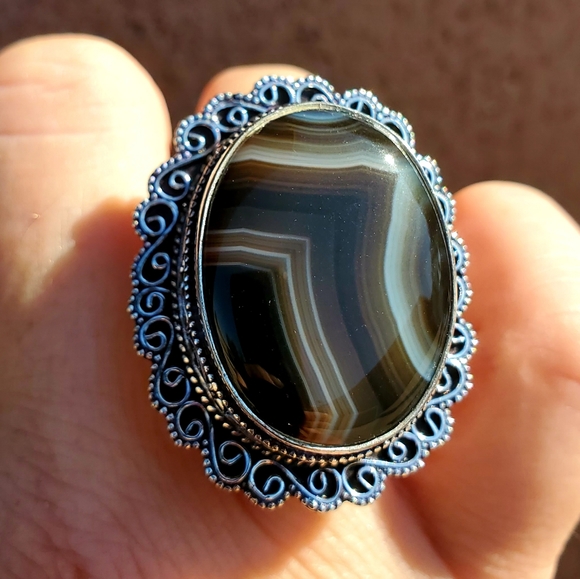 New Botswana Agate Antique Design 925 Silver Statement Ring. - Picture 5 of 15
